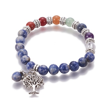 Chakra Jewelry, Natural Blue Spot Jasper Bracelets, with Metal Tree Pendants, 50mm