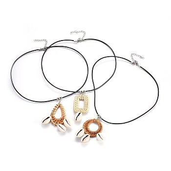 Cowrie Shell Pendant Necklaces, with Woven Linking Rings, 304 Stainless Steel Lobster Claw Clasps and Cowhide Leather Cord, Mixed Color, 18.1~18.2 inch(46~46.4cm)