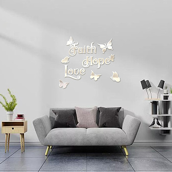 Custom Acrylic Wall Stickers, for Home Living Room Bedroom Decoration, Rectangle with Word & Butterfly Pattern, Silver, 430x480mm