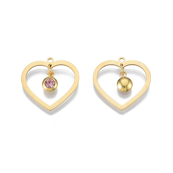 201 Stainless Steel Pendants, with Rhinestone, Heart with Flat Round, Real 18K Gold Plated, Light Rose, 23x24x1mm, Hole: 1.6mm