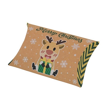 Christmas Theme Cardboard Candy Pillow Boxes, Cartoon Deer Candy Snack Gift Box, Sandy Brown, Fold: 7.3x11.9x2.6cm
