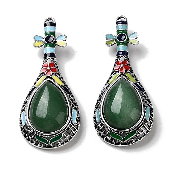 Tibetan Style Alloy Brooches, with Natural Green Aventurine and Eneml, Antique Silver, 66x27.5x18mm, Hole: 8.4x4.2mm