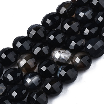 Natural Agate Beads Strands, Dyed & Heated, Faceted, Flat Round, Black, 8x6.5mm, Hole: 1.2mm, about 47pcs/strand, 14.96 inch(37cm).