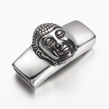 304 Stainless Steel Slide Charms, Rectangle with Buddha, Antique Silver, 41.5x24x16mm, Hole: 6.5x13mm