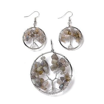 Brass Jewelry Sets, Big Pendants and Dangle Earrings, with Natural Moonstone, Platinum, Ring with Tree of Life, 63~67x49~51x1.5~10mm, Hole: 4x5mm, 50~55x28~30x1.5~8mm, Pin: 0.8mm