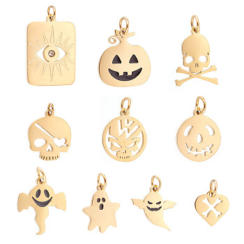 Unicraftale 10Pcs 10 Style 304 & 316 Surgical Stainless Steel  Pendants, with Jump Rings and Rhinestone, Halloween Theme, Mixed Shape, Real 14K Gold Plated, 8~11x2~12x1mm, Jump Ring: 2.7~3.8x0.4~0.6mm, Inner Diameter: 1.9~2.6mm, 1pc/style
