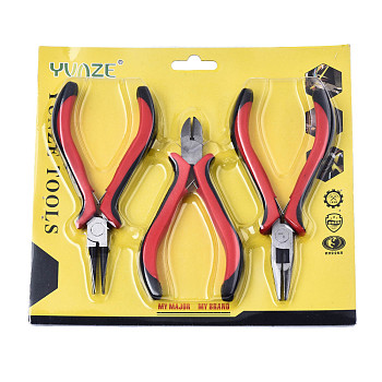 45# Carbon Steel Jewelry Tool Sets: Round Nose Plier, Diagonal Cutting Plier and Long Nose Plier, with Plastic Covers, Red, 185x170x20mm, 3pcs/set