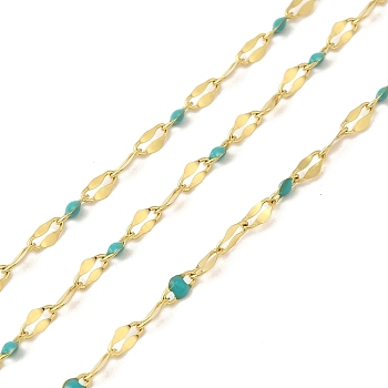 Ion Plating(IP) 304 Stainless Steel Dapped Chains, Enamel Style, Real 18K Gold Plated, Soldered, with Spool, Polished, Cyan, 4x2x0.3mm, about 32.81 Feet(10m)/Roll