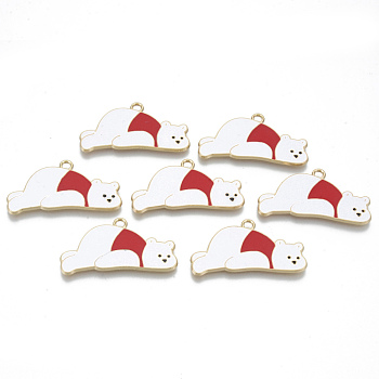 Alloy Enamel Pendants, Cadmium Free & Lead Free, Bear, Light Gold, White, 19x35x1.5mm, Hole: 2mm