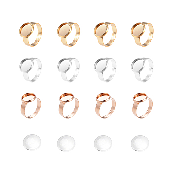 DIY Ring Making, with Adjustable 304 Stainless Steel Finger Rings Components and Transparent Glass Cabochons, Flat Round, Golden & Rose Gold & Stainless Steel Color, Size: 7, 17mm, 12pcs/box