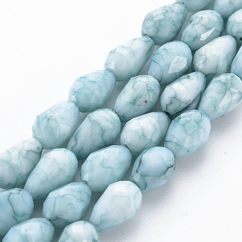 Opaque Baking Painted Crackle Glass Beads Strands, Teardrop, Faceted, Pale Turquoise, 10.5~12x8mm, Hole: 1.5mm, about 33~34pcs/strand, 15.24 inch~15.59 inch(38.7cm~39.6cm)