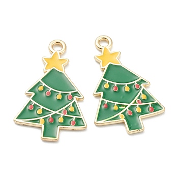 Alloy Enamel Pendants, for Christmas, Light Gold Plated, Christmas Tree, Green, 26.5x16x1mm, Hole: 1mm