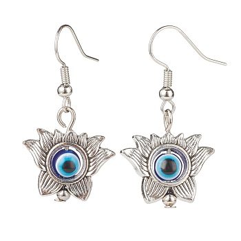Alloy Lotus with Resin Evil Eye Dangle Earrings, Brass Jewelry for Women, Antique Silver, 37mm, Pin: 0.6mm