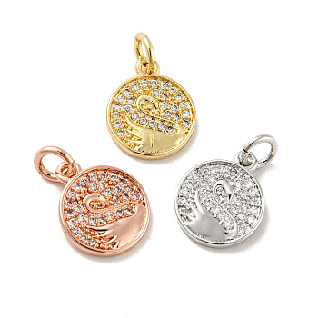 Flat Round with Swan Pattern Brass Micro Pave Clear Cubic Zirconia Charms, with Jump Rings, Cadmium Free & Lead Free, Mixed Color, 13x10.5x1.4mm, Hole: 3mm