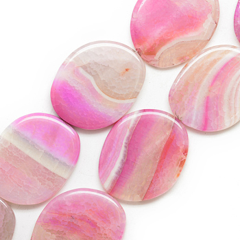 Natural Striped Agate/Banded Agate Beads Strand, Dyed, Oval, Pearl Pink, 39~40x32.5~33x6.5~7mm, Hole: 2.5mm, about 10pcs/strand, 16.3 inch