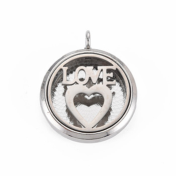 Alloy Diffuser Locket Pendants, with Stainless Steel Cover and Magnet, Magnetic, Cadmium Free & Nickel Free & Lead Free, Flat Round with Love Heart, Platinum, 36x30x6.5mm, Hole: 3.5mm, Inner Diameter: 23mm