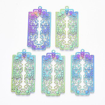 Ion Plating(IP) 201 Stainless Steel Filigree Pendants, Etched Metal Embellishments,  Rectangle with Sugar Skull, For Mexico Holiday Day of The Dead, Rainbow Color, 45x22x0.4mm, Hole: 1.8mm