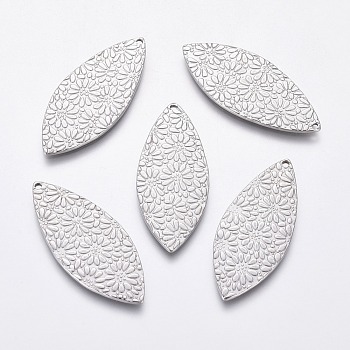 304 Stainless Steel Pendants, Leaf with Flower Pattern, Stainless Steel Color, 39x16x1.5mm, Hole: 1.4mm