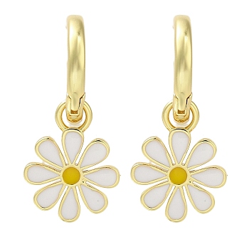 Rack Plating Flower Brass Hoop Earrings, with Enamel, Long-Lasting Plated, Lead Free & Cadmium Free, Real 18K Gold Plated, White, 25x11.5mm