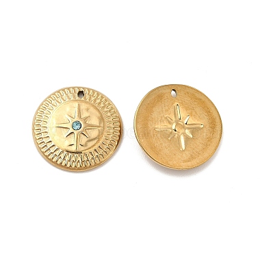 Real 18K Gold Plated Flat Round Stainless Steel+Rhinestone Charms