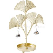 Iron Earring Display Stands with Round Tray, Earring Organizer Holder Ornament, Golden, Ginkgo Leaf, Leaf Pattern, 12x6.6x17cm(EDIS-WH0016-018C)