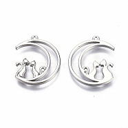 Rack Plating Alloy Pendants, Cadmium Free & Lead Free, Hollow, Moon with Cat, Platinum, 26x21x2mm, Hole: 1.2mm(PALLOY-N175-19P)