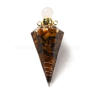 Natural Tiger Eye Perfume Bottle Pendants, Resin Faceted Cone Charms with Golden Plated Brass Screw Cap, 46.5~48x19~20x17~18mm, Hole: 1.8mm(G-H285-01G-05)