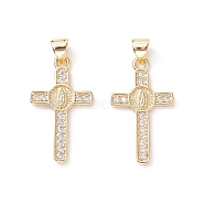 Brass Micro Pave Clear Cubic Zirconia Pendants, Long-Lasting Plated, for Religion, with Snap on Bails, Cross with Virgin Mary, Real 18K Gold Plated, 27.5x16x2.5mm, Hole: 5.5mm(ZIRC-A011-32G)
