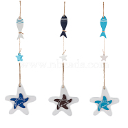 Mediterranean Style Wood Pendant Ornaments, Wall Decor Door Hanging Decoration, Fish with Star & Starfish, Mixed Color, 6pcs/set(WOOD-PH0009-25)