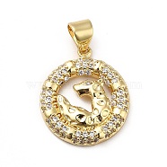 Brass Micro Pave Clear Cubic Zirconia Pendants, Ring with Cheetah Charm, Real 18K Gold Plated, Clear, 19x16x3mm, Hole: 3.5x4.5mm(KK-H433-31G)