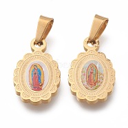 304 Stainless Steel Lady of Guadalupe Pendants, Oval with Virgin Mary, Golden, 17x10.5x2mm, Hole: 6.5mm(STAS-O138-13G)