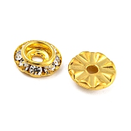 Brass Crystal Rhinestone Beads, Flat Round, Golden, 9x2.5mm, Hole: 1.6~2mm(RB-F035-06A-G)