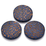 Painted Natural Wood Beads, Laser Engraved Pattern, Flat Round with Leopard Print, Prussian Blue, 30x5mm, Hole: 1.6mm(X-WOOD-N006-07K)