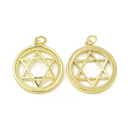 Brass Micro Pave Cubic Zirconia Pendants, with Jump Ring, Flat Round with Star of David Charm, Golden, 22.7x20x1.9mm, Hole: 2.5mm(KK-E068-VB429)