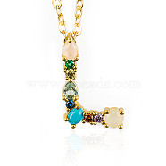 Golden Brass Micro Pave Cubic Zirconia Initial Pendants Necklaces, with Cable Chains, Colorful, Letter, Letter.L, 17.9~18.1 inch(45.5~46cm)x1.5mm, LetterL: 19x14x6mm(NJEW-S069-JN002-L)