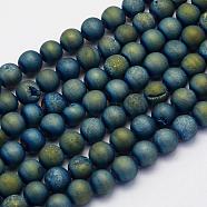 Electroplate Natural Druzy Agate Beads Strands, Round, Frosted, Green Plated, 8mm, Hole: 1mm, about 45~48pcs/strand, 14.9 inch(38cm)(G-G708-8mm-10)