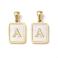Ion Plating(IP) 304 Stainless Steel Pave Shell Pendants, Rectangle Charm, Real 18K Gold Plated, Letter A, 17.5x12x1.5mm, Hole: 3x5mm(STAS-G327-01G-A)