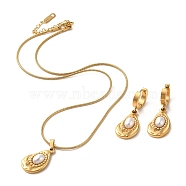 Teardrop 304 Stainless Steel Jewelry Set, Plastic Pearl Dangle Hoop Earrings and Pendant Necklace, Golden, Necklacces: 400mm; Earring: 37x13mm(SJEW-H306-06G)