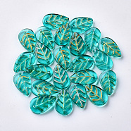 Transparent Spray Painted Glass Pendants, with Glitter Powder, Leaf, Light Sea Green, 18x11x3.5mm, Hole: 1.2mm(X-GLAA-S054-002B-01)