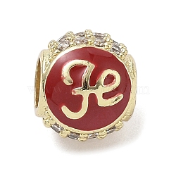 Brass Micro Pave Clear Cubic Zirconia Enamel European Beads, Large Hole Beads, Round with Word Fe, Rack Plating, Long-Lasting Plated, Lead Free & Cadmium Free, Real 18K Gold Plated, Red, 10x8.5mm, Hole: 4.3mm(KK-K368-19G-03)