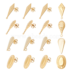 ARRICRAFT 16Pcs 4 Style 304 Stainless Steel Stud Earring Findings, with Loops, Rhombus & Oval & Teardrop, Golden, 18~21.5x9~12.5mm, Hole: 1.2~2.5mm, Pin: 0.7~0.8mm, 4Pcs/style(STAS-AR0001-40)