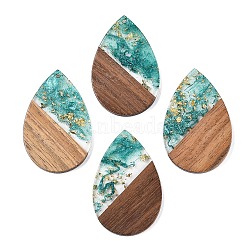 Transparent Resin & Walnut Wood Big Pendants, with Glitter Powder, Teardrop, Turquoise, 51.5x33~33.5x3.5mm, Hole: 2mm(RESI-T058-05M)