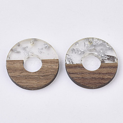 Transparent Resin & Walnut Wood Pendants, with Silver Foil, Waxed, Donut/Pi Disc, Silver, Donut Width: 13mm, 28x4mm, Hole: 2mm(RESI-S358-03-A02)
