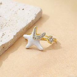 Brass Micro Pave Cubic Zirconia Cuff Open Rings, with Enamel, Shell Shape & Fishtail & Starfish & Turtle, with Imitation Pearl, Golden, White, 15~20mm(WGAABC0-04)