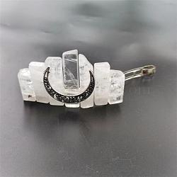 Bohemian Style Natural Quartz Crystal & Hollow Moon Crown Hair Barrettes, with Metal Clips, for Women Girls, 80mm(PW-WG66000-07)