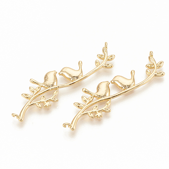 Brass Links connectors, Branch and Leaves with Bird, Nickel Free, Real 18K Gold Plated, 46x13.5x2mm, Hole: 1mm