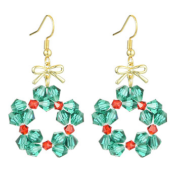 Christmas Theme Imitation Austrian Crystal Dangle Earrings, with Alloy Links connectors, Bowknot, Green, 50.5x26mm
