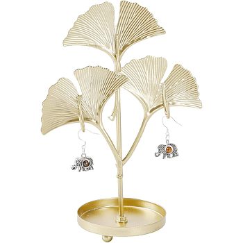 Iron Earring Display Stands with Round Tray, Earring Organizer Holder Ornament, Golden, Ginkgo Leaf, Leaf Pattern, 12x6.6x17cm