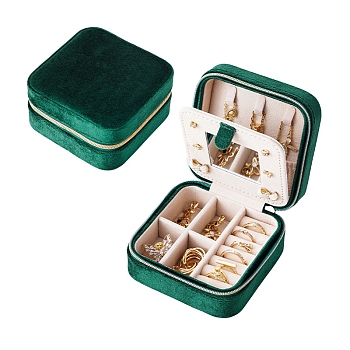 Velvet Jewelry Box, Travel Portable Jewelry Case, Zipper Storage Boxes, for Necklaces, Rings, Earrings and Pendants, Square, Dark Green, 10x10x5cm