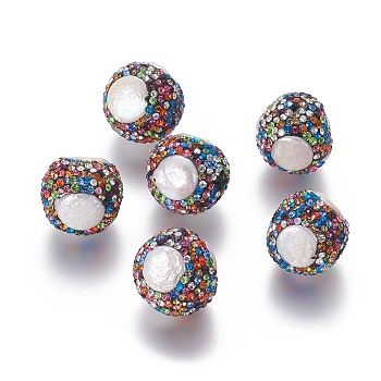 Natural Pearl Beads, with Polymer Clay Rhinestone, Round, Colorful, 20~22mm, Hole: 1.6mm